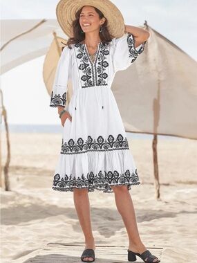 Sundance Layna White Black Embroidered Cotton Dress Size PL
